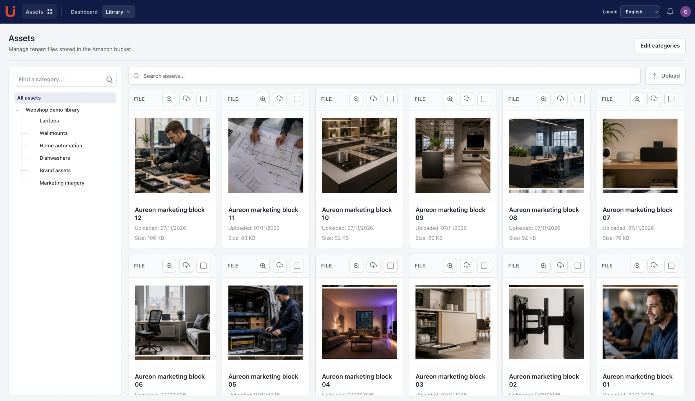 Utomo Assets overview with folders, filters, and visual asset cards